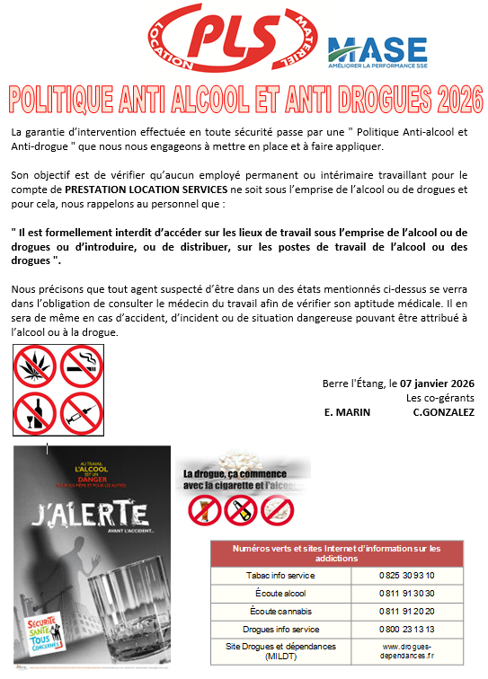 Politique anti-alcool et anti-drogues 2026 de Prestation Location Services